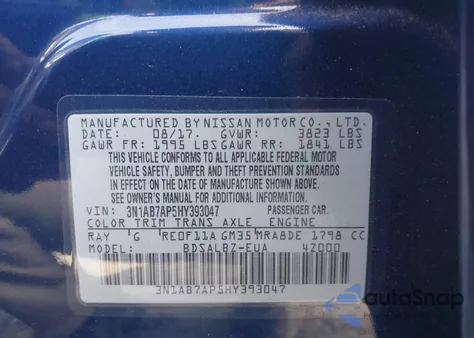 2017 Nissan Sentra S z USA, uszkodzony, nr VIN 3N1AB7AP5HY393047